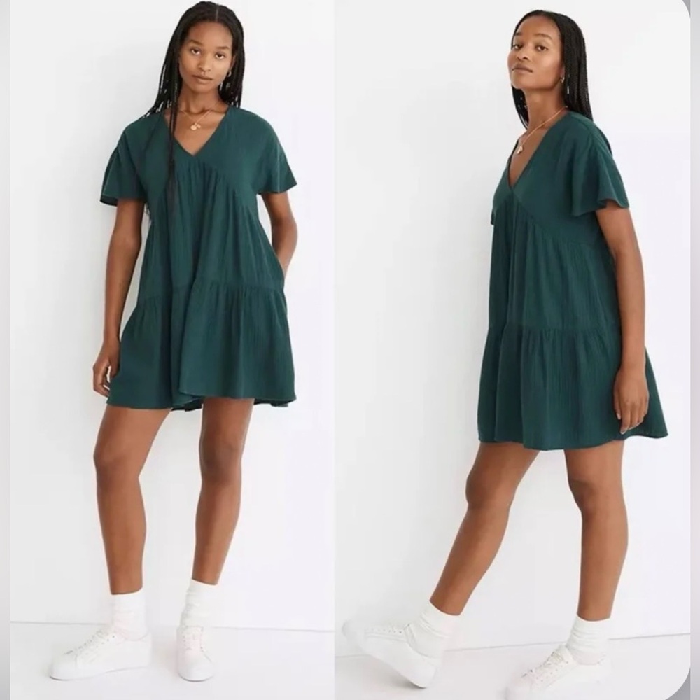 Madewell Teal V-Neck Tiered Gauze Dress, sz M